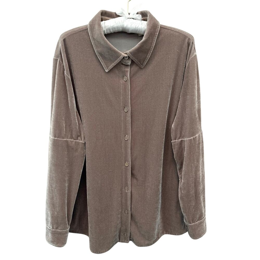 SOFT SURROUNDINGS Taupe Velvet Velour Button Down Shirt Blouse Workwear XL